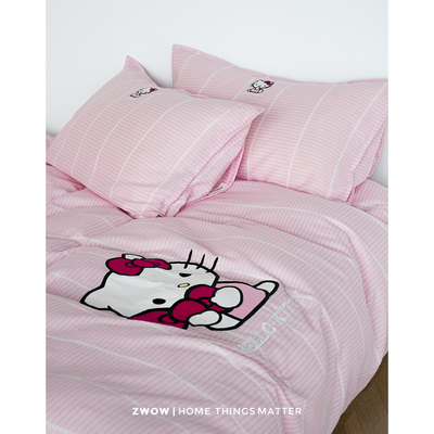 造卧zwow正版hellokitty刺绣全棉卡通粉色条纹儿童房少女风四件套