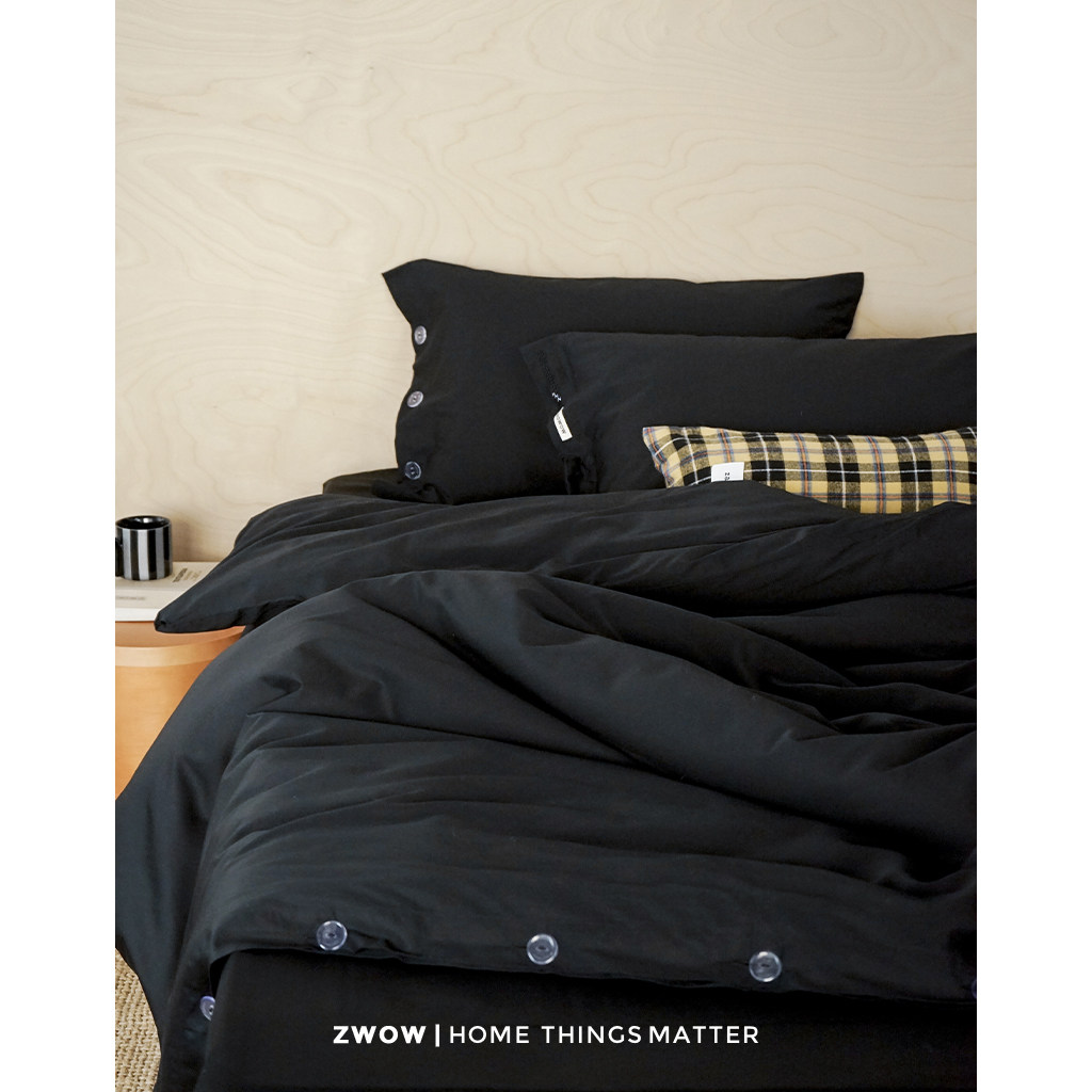 造卧zwow贡缎长绒棉纽扣刺绣黑色禁欲系冷淡风酷女孩男生四件套