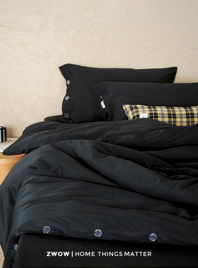 造卧zwow贡缎长绒棉纽扣刺绣黑色禁欲系冷淡风酷女孩男生四件套