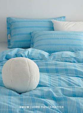 造卧zwow四季款北欧风蓝白条纹100纯全棉韩系床上床笠床单四件套