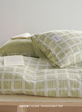 造卧zwow四季双层纱A类纯棉全棉复古绿格子新中式四件套2026新款