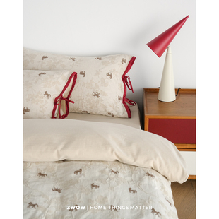 造卧zwow【马年限定】亚麻棉立体提花剪花小马棕米色新中式四件套