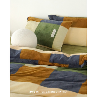 造卧zwow冬季加绒加厚牛奶绒格子美拉德复古风床上四件套保暖蓄热