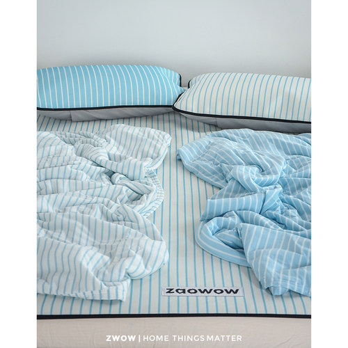 造卧zwow复古蓝色条纹夏季凉感冰丝凉席凉被三件套薄被子软席床垫