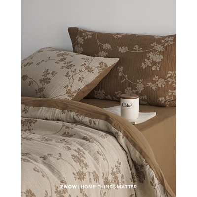 造卧zwow新中式复古风双层纱花卉提花美拉德100全棉A类撞色四件套