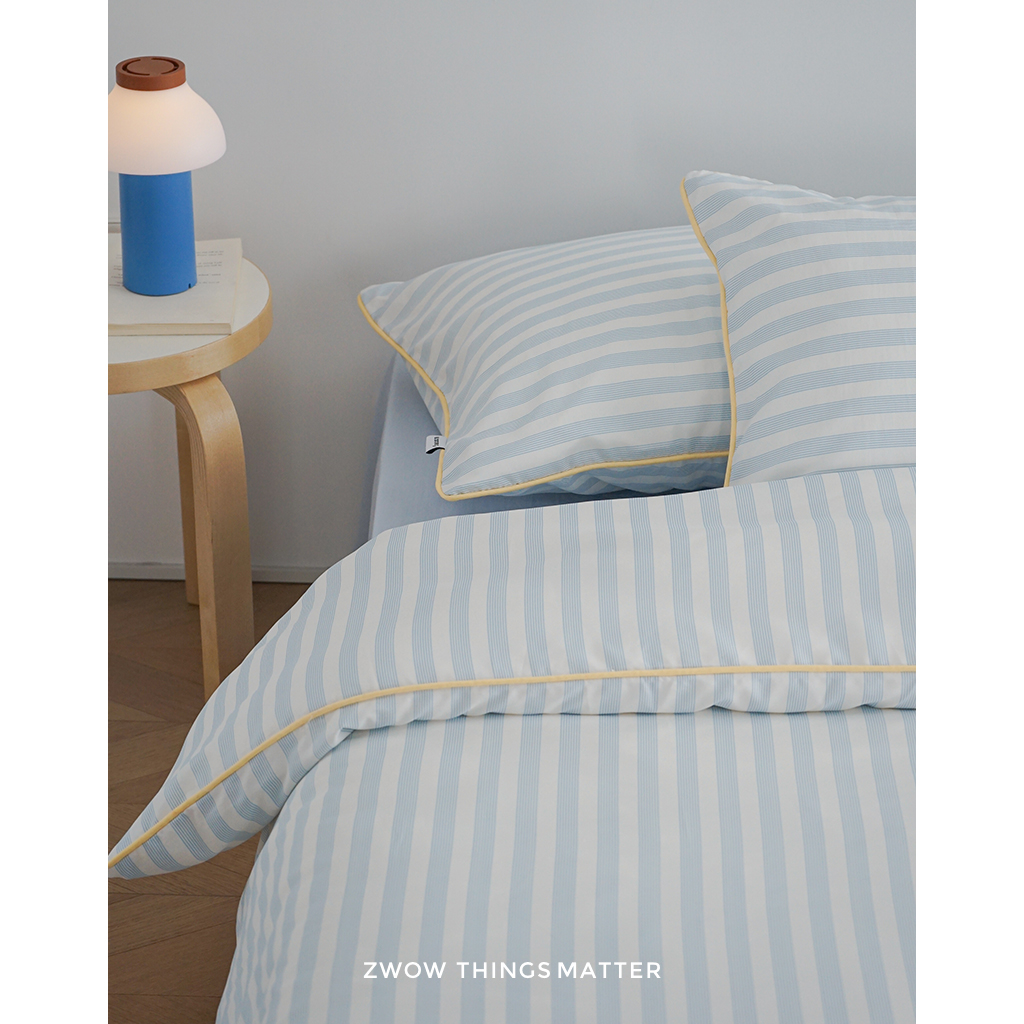 造卧zwow全棉高支高密轻奢高级感贡缎蓝条纹撞色黄滚边亲肤四件套