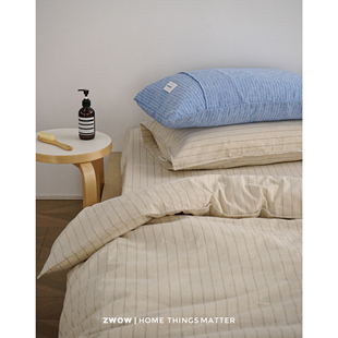 造卧zwow【丹麦咖条】亚麻棉条纹米咖复古简约侘寂床单被套四件套