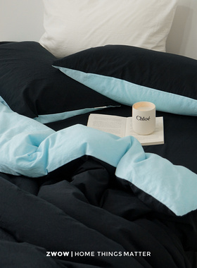 造卧zwow原创北欧风现代轻奢黑蓝色拼接撞色四季水洗棉床品四件套