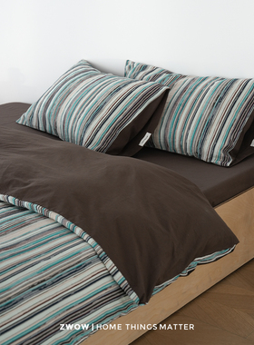 造卧zwow【速写2.0】全棉混纱中古风绿棕蓝色条纹立体提花四件套