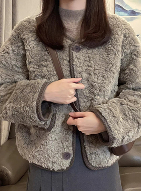 韩系秋冬氛围感羊羔毛短外套百搭宽松显瘦慵懒小香风加厚外搭上衣