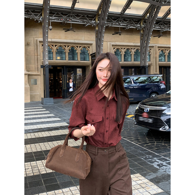 复古港风格子长袖衬衫女通勤上衣