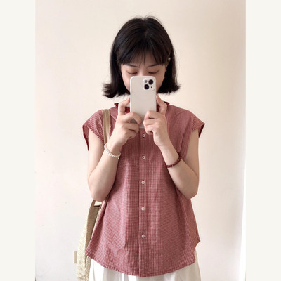 设计感多巴胺森系格子衬衫花边领