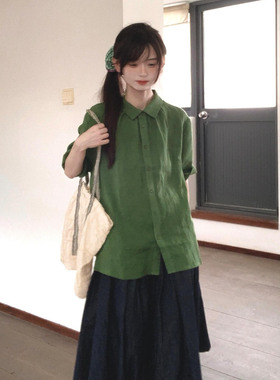 日系复古文艺风衬衫夏季新款百搭通勤松弛感宽松棉麻短袖小衫上衣