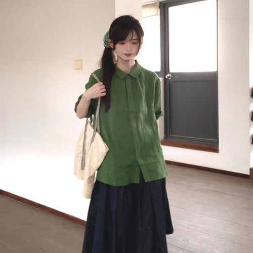 百搭通勤松弛感宽松棉麻短袖衬衫