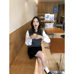 韩系学院风早秋通勤穿搭圆领长袖衬衫叠穿针织马甲半身裙三件套装