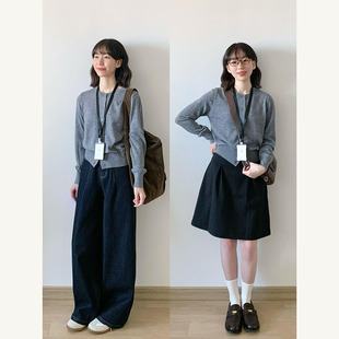 日系松弛感圆领灰色针织开衫 小众别致百搭通勤针织外套 女春秋新款