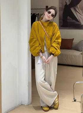 韩系温柔风黄色棒球服短外套女秋冬新款小个子设计感百搭夹克上衣