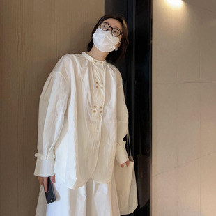 日系松弛感圆领衬衫 薄款 设计感小众别致衬衣新中式 上衣 女早秋新款
