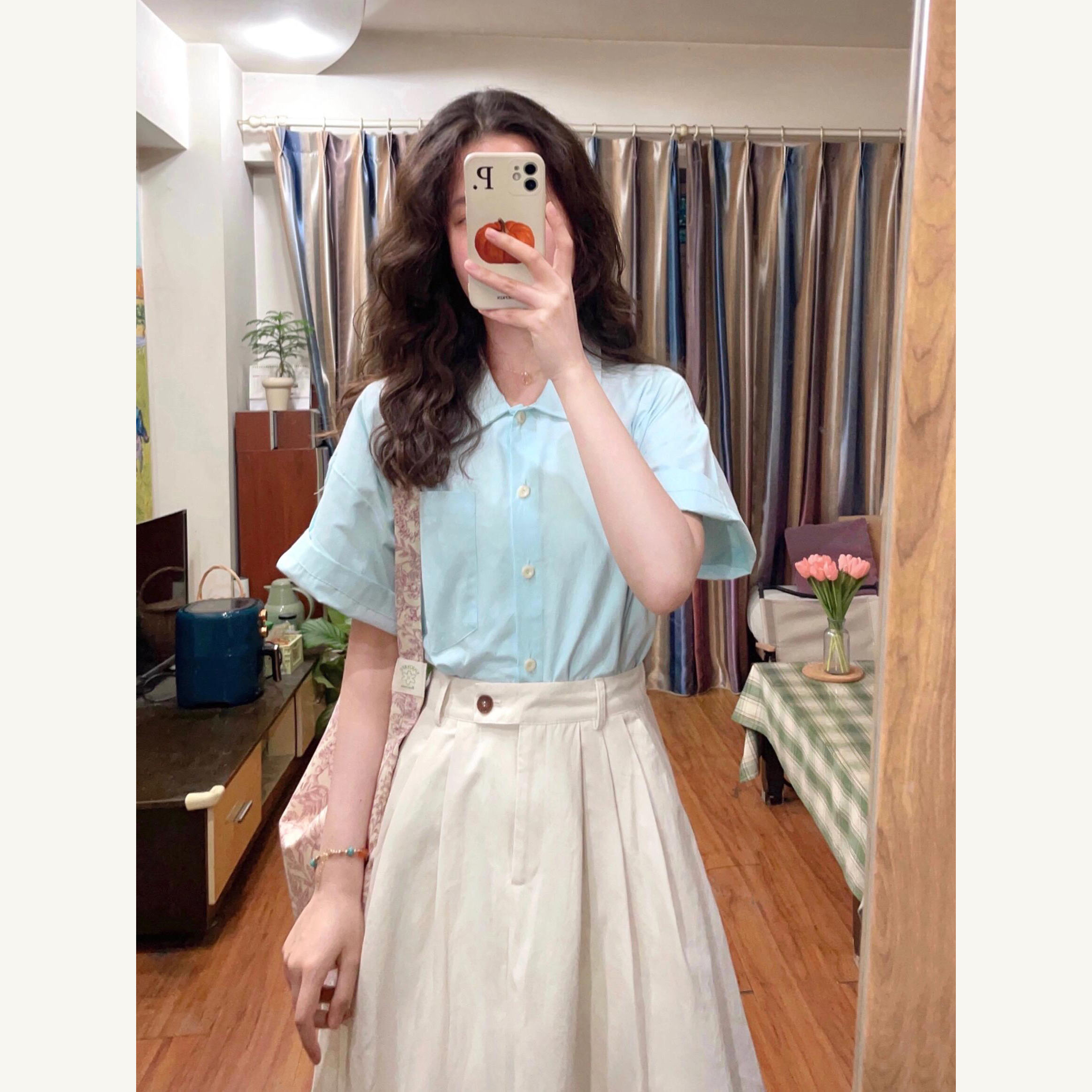 薄荷曼波设计感衬衫半身裙两件套