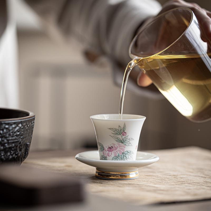 釉手绘牡丹茶品茗蝶恋花 杯中鎏金白式瓷茶杯单杯主人上杯功夫茶