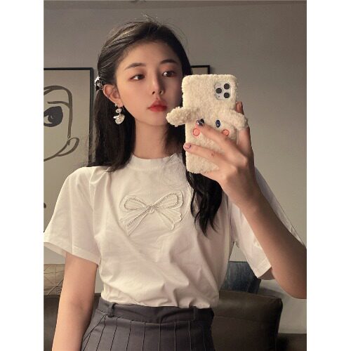 여성용 오른쪽 어깨 반팔 티셔츠 여름 슬리밍 디자인 틈새 나비 화이트 첫사랑 스타일 스위트 페어리 탑 2022