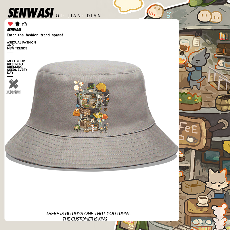 猫猫咖啡厅卡通印花渔夫帽男女儿童青少年户外可爱放哨遮阳盆帽子