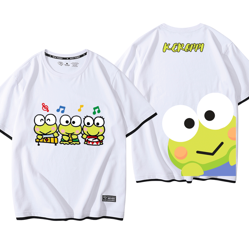 大眼青蛙KEROPPI可洛比周边假两件短袖男女青少年纯棉休闲百搭t恤