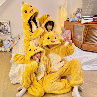 卡通奶龙珊瑚绒睡衣秋冬季亲子连体服男女可外穿趣味家居服套装