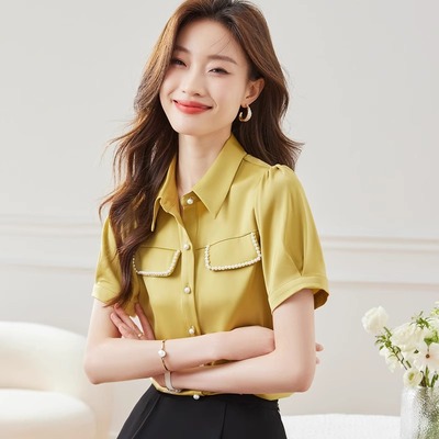 短袖雪纺衬衫醋酸缎面衬衣女2025新款爆款夏季高级感超火减龄上衣
