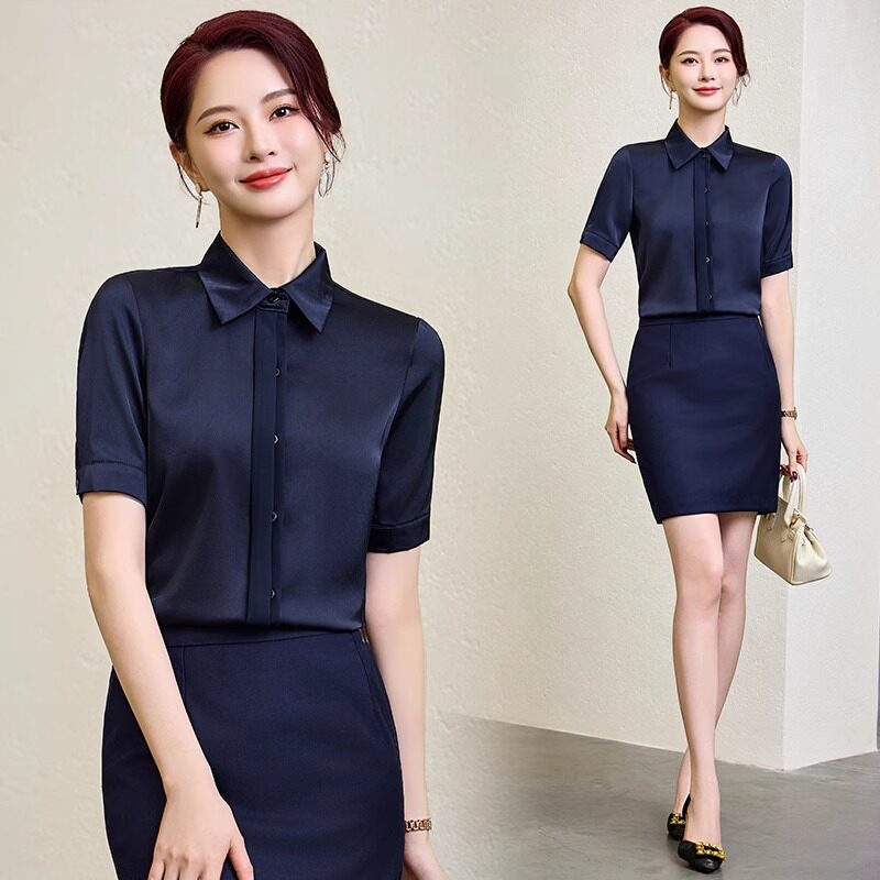 蓝色方领短袖衬衫女职业装夏高级感气质小众上衣通勤显瘦雪纺衬衣