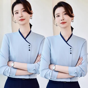 空姐白衬衫女夏职业套装高端茶楼酒店服务员工作服前台接待工作装