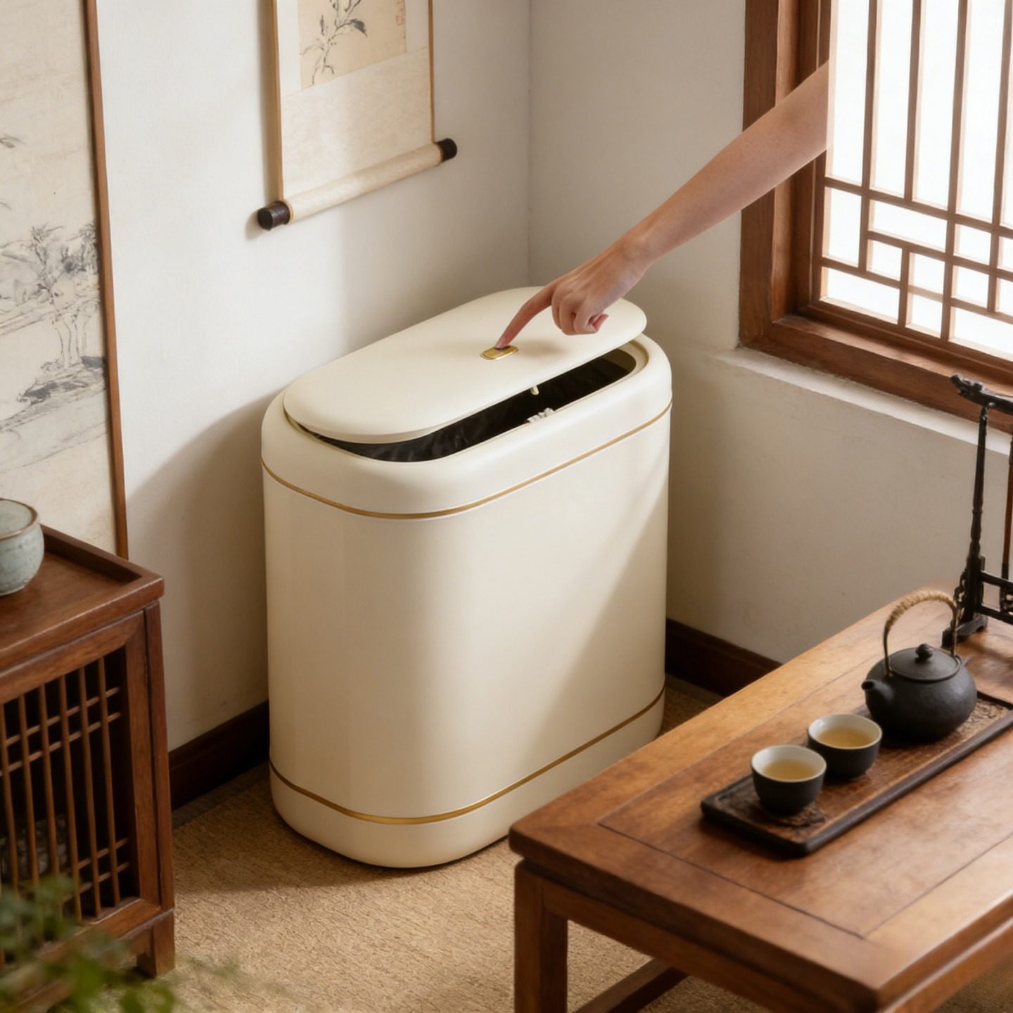 卫生间垃圾桶窄缝带轮子家用2026新款网红厕所专用客厅带盖废纸篓