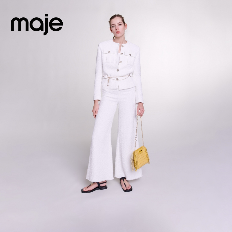 Maje Outlets 2024秋冬女装法式优雅通勤花呢外套喇叭长裤套装