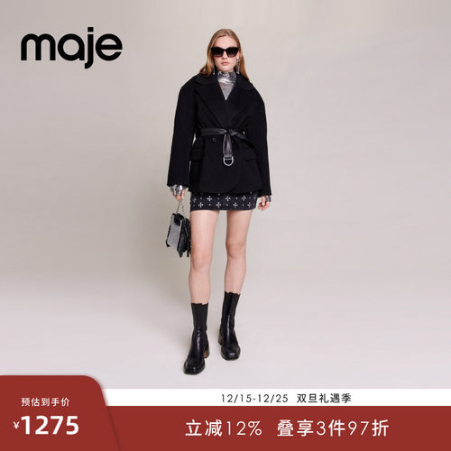 Maje系带黑色毛呢外套上衣