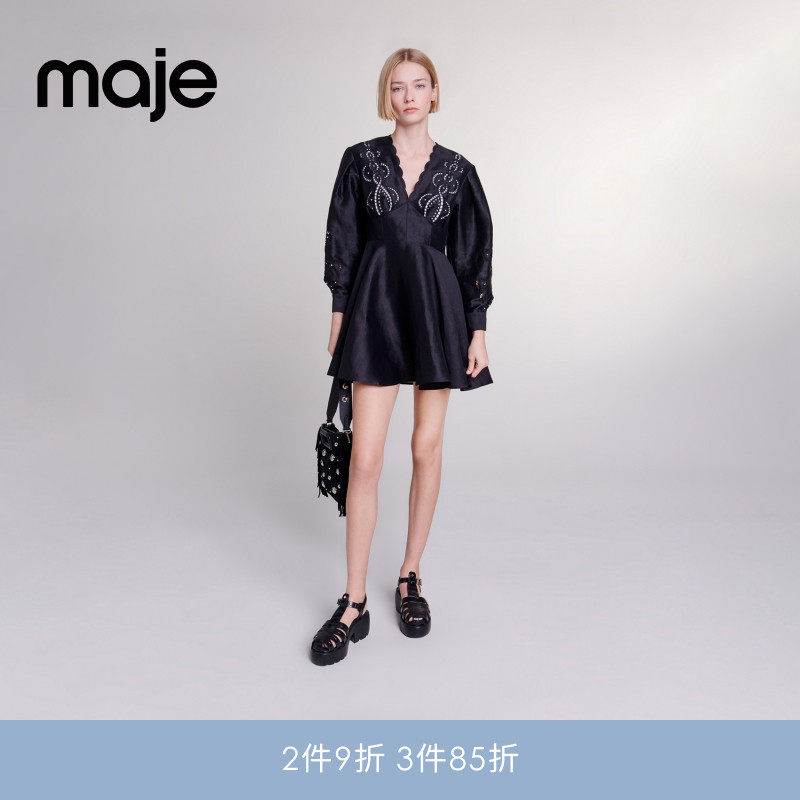 Maje Outlets春夏女装亚麻混纺黑色勾花镂空蓬蓬裙V领长袖连衣裙
