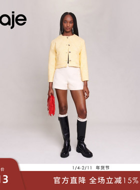 Maje Outlets秋冬女装法式时尚粗花呢淡黄色格纹单排扣短款外套