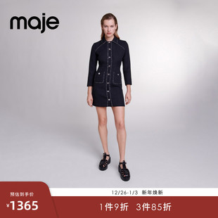 翻领短款 Maje 气质黑色收腰修身 法式 单排扣连衣裙 Outlets春夏女装