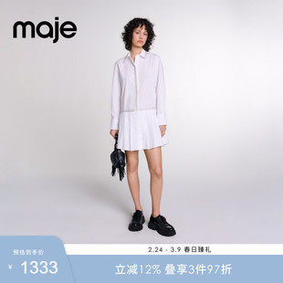 Maje Outlets秋冬女装法式优雅白色时尚百褶短款长袖衬衫领连衣裙