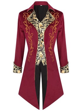 欧美中世纪复古服装朋克大衣红色金边宫廷贵族燕尾服话剧舞台礼服