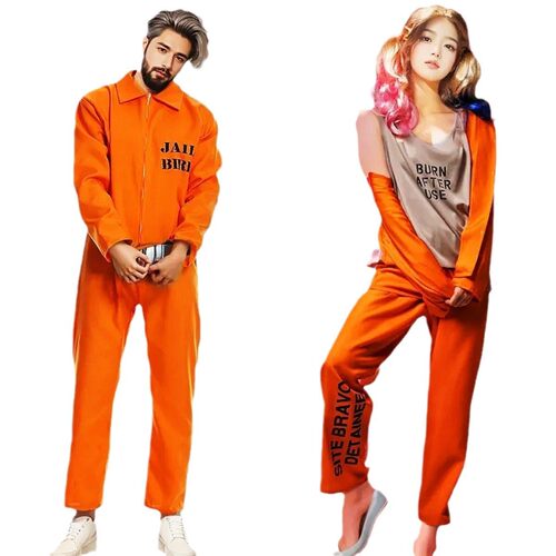 欧美万圣节cos囚犯服装犯人角色扮演服男女情侣橙色囚服派对演出