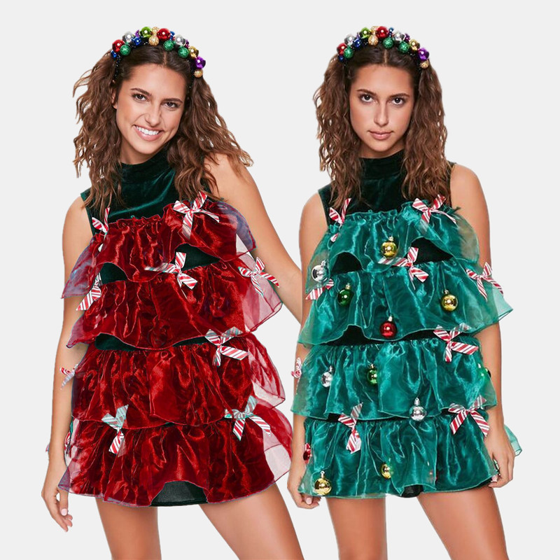 新款圣诞节服装绿色圣诞树角色扮演精灵演出服派对短款蓬蓬连衣裙