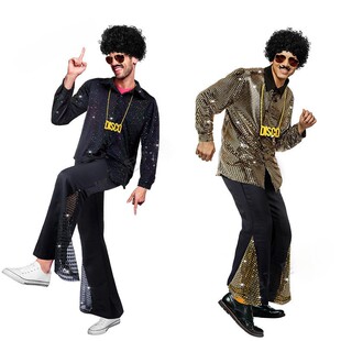 新款复古嬉皮士斯科服装男亮面衬衫喇叭裤套装夜店ds歌手派对演出