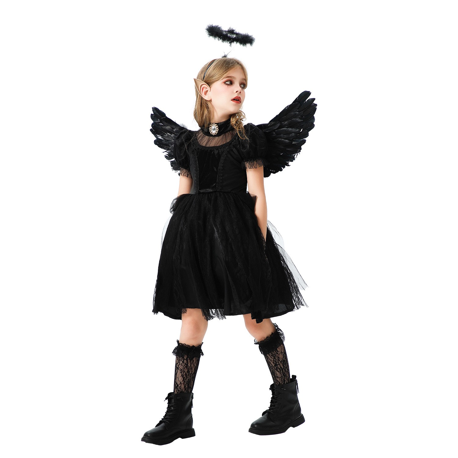 万圣节儿童服装黑天使装扮恶魔吸血鬼连衣裙女巫精灵派对演出服饰