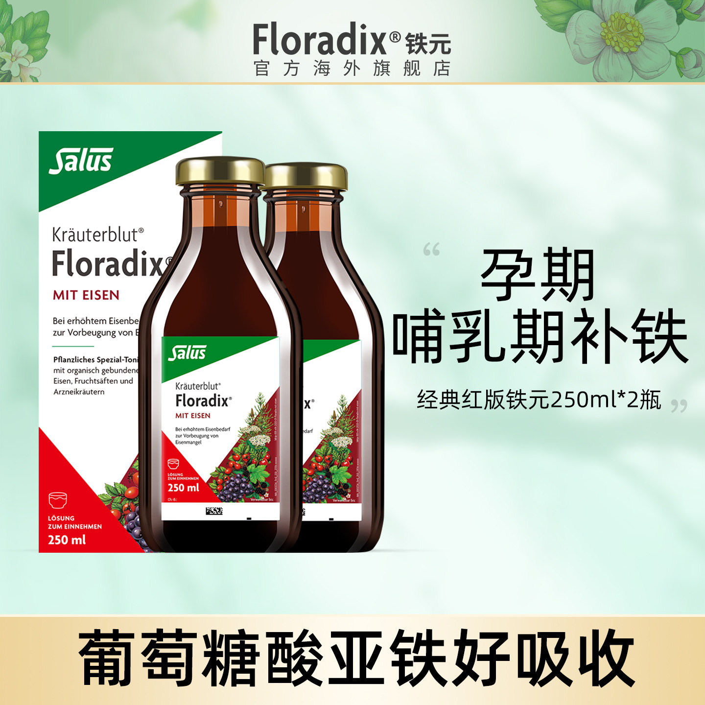 Floradix 德国铁元补铁剂女生调气养血调气虚血亏营养品250ml*2