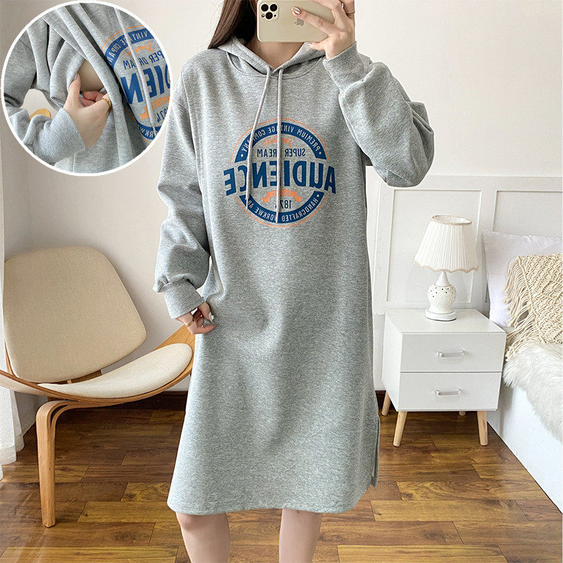 产后哺乳衣秋冬长袖卫衣裙中长款