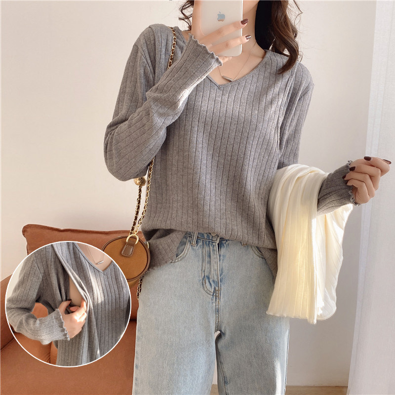 哺乳打底衫外出穿辣妈款时尚针织内搭V领上衣春装长袖喂奶服毛衣
