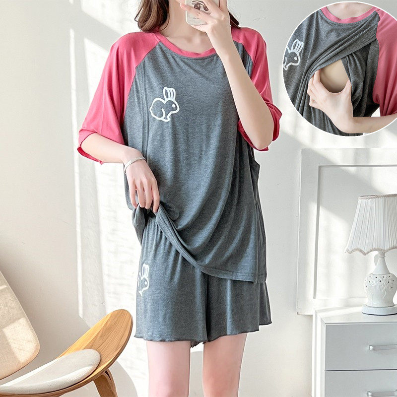 产后睡衣套装夏季薄款莫代尔哺乳衣短袖上衣时尚孕妇家居服两件套