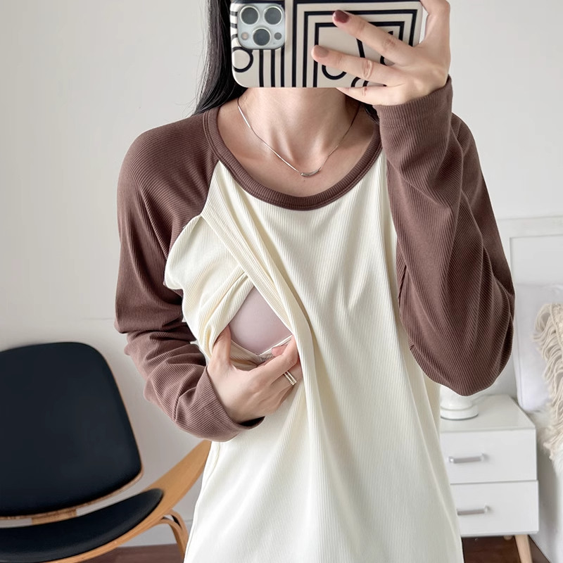 侧开口哺乳衣长袖上衣喂奶打底衫