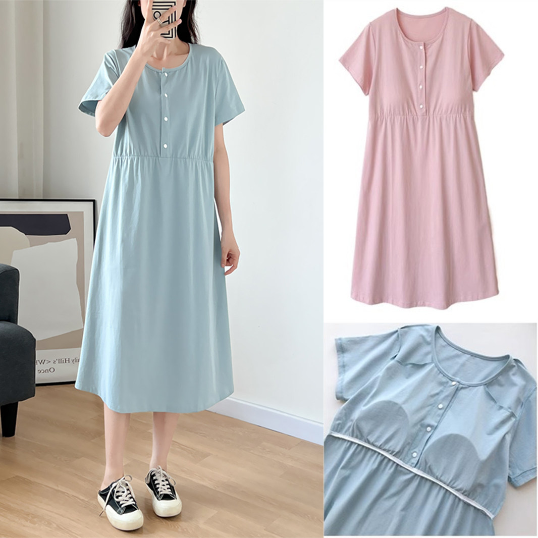 带胸垫哺乳睡裙纯棉待产裙月子服