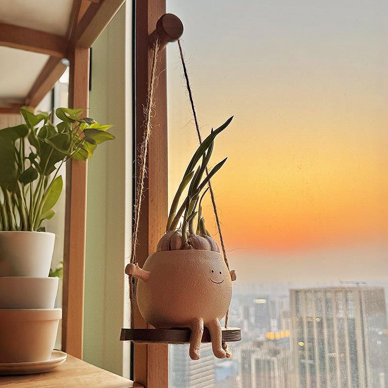 情绪稳定花盆秋千花盆创意吊篮悬挂盆可爱家居透气陶土园艺摆件
